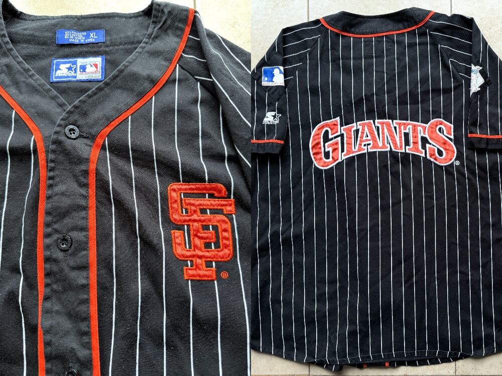 San Francisco Giants 90s STARTER jersey XL black Pinstripe MLB baseball vtg